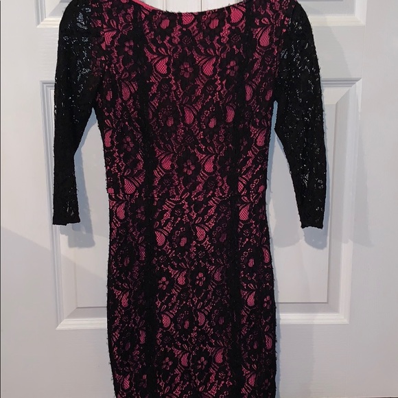 Erin lace overlay 3/4 sleeves cocktail short form fitting black classy dress - Picture 2 of 8